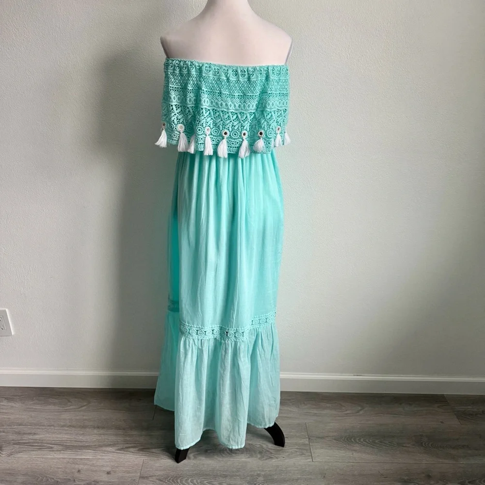 Debbie Katz Off the Shoulder Beach Boho Feminine Beach Resort Teal Maxi‎ Dress S